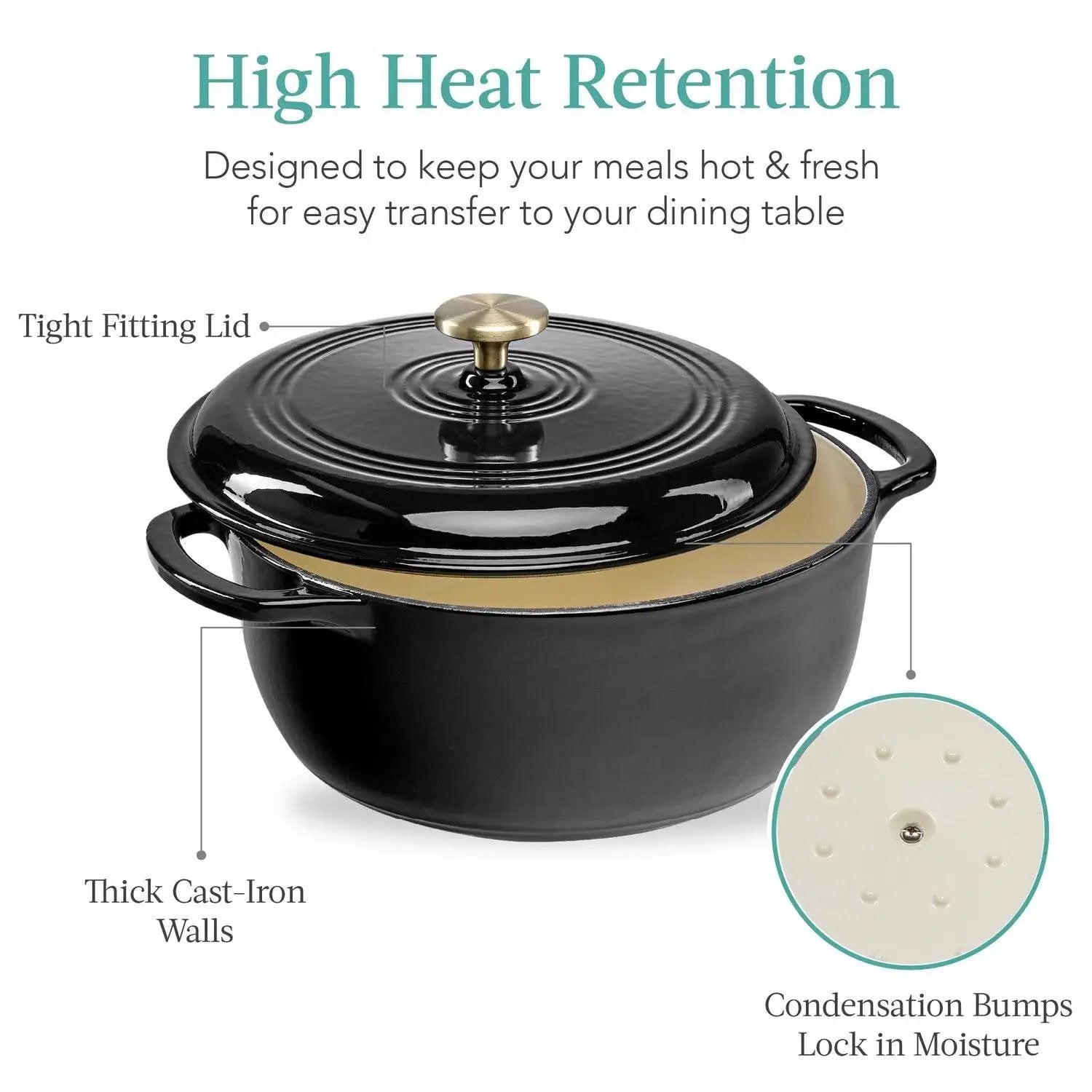 6 Quart Large Black Enamel Cast-Iron Dutch Oven Kitchen Cookware by HomePacific