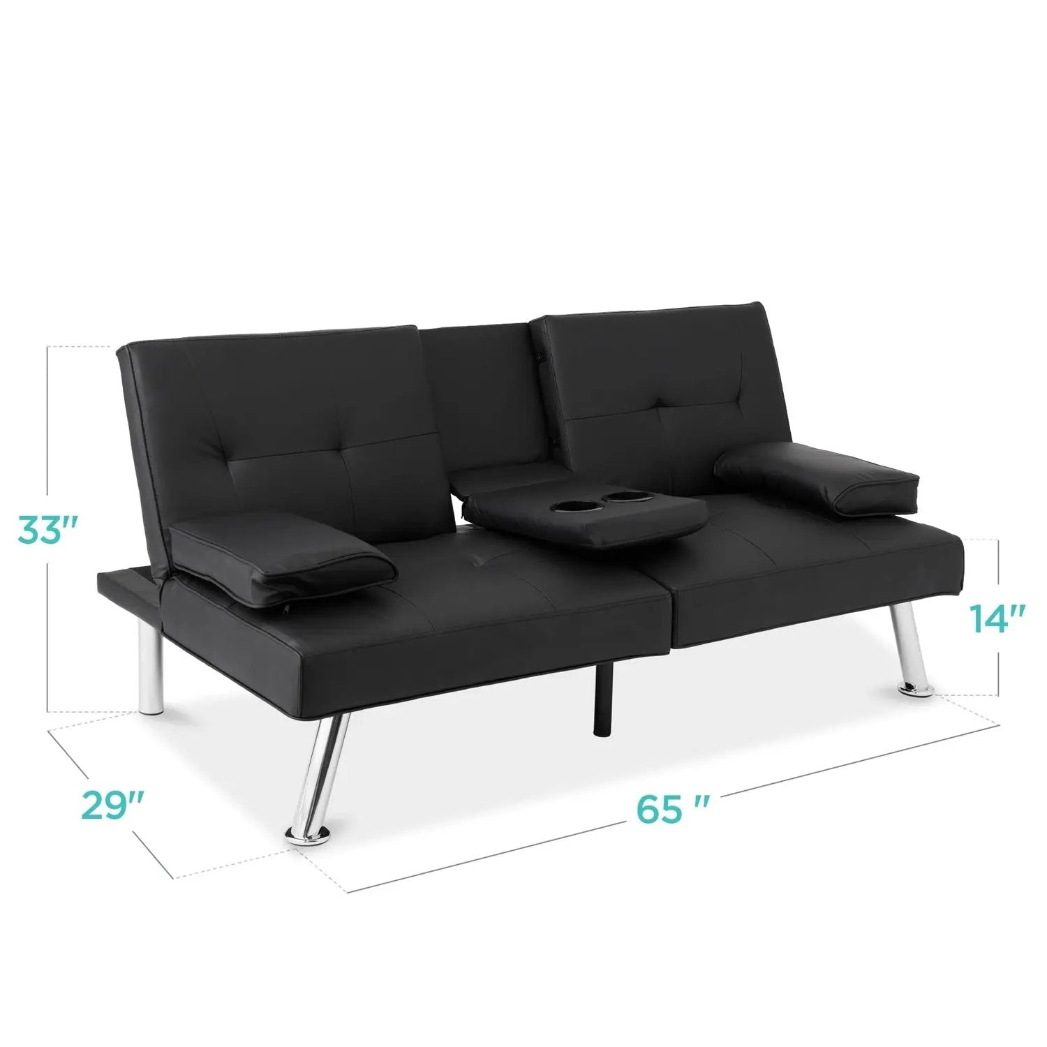 Black Faux Leather Convertible Sofa Futon with 2 Cup Holders by HomePacific