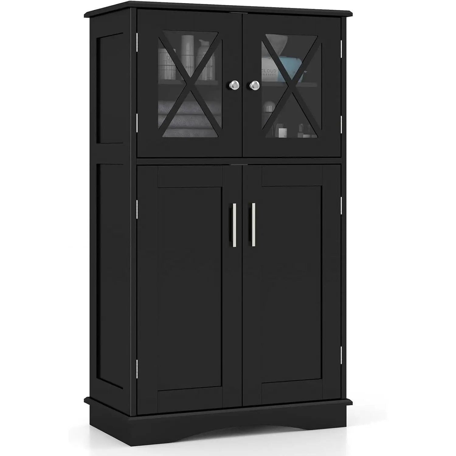 Black Bathroom Towel Linen Cabinet with Glass Doors and Storage Shelves by HomePacific