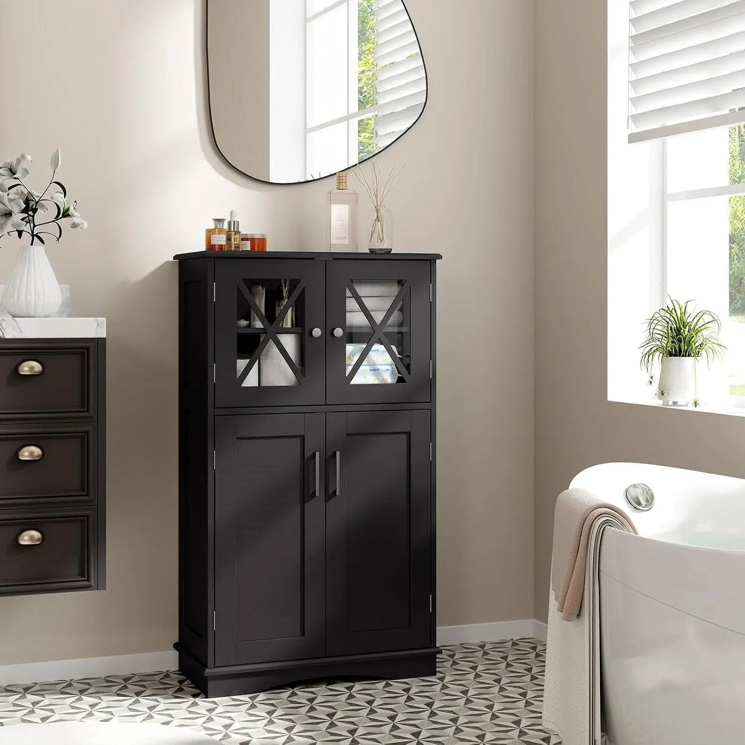 Black Bathroom Towel Linen Cabinet with Glass Doors and Storage Shelves by HomePacific