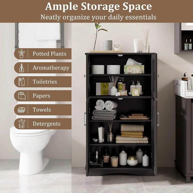 Black Bathroom Towel Linen Cabinet with Glass Doors and Storage Shelves by HomePacific