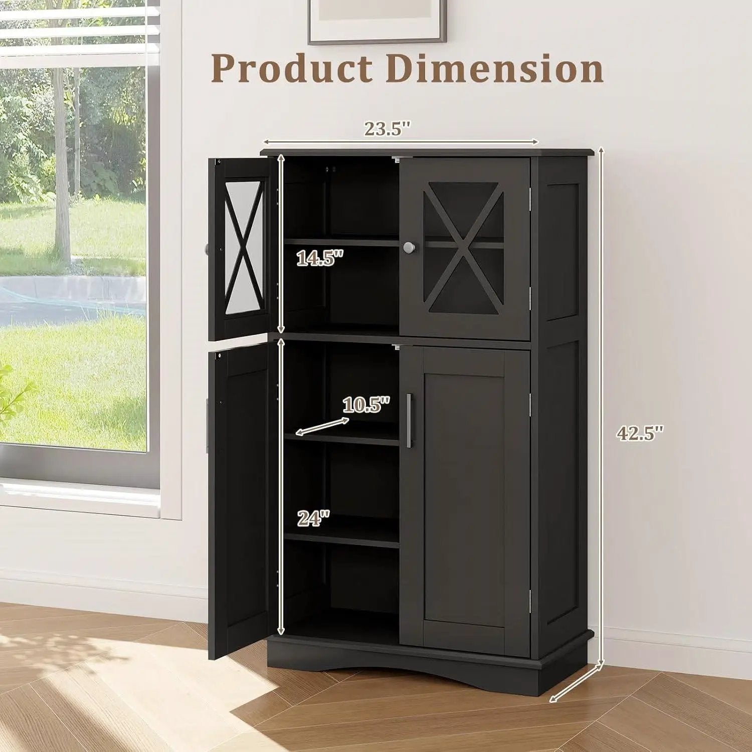 Black Bathroom Towel Linen Cabinet with Glass Doors and Storage Shelves by HomePacific