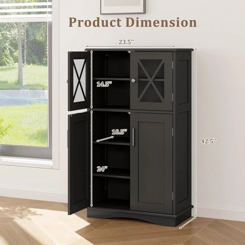 Black Bathroom Towel Linen Cabinet with Glass Doors and Storage Shelves by HomePacific