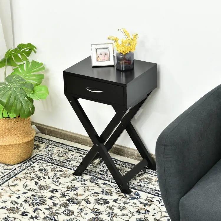 X-Shape 1 Drawer Nightstand End Side Table Storage in Black by HomePacific