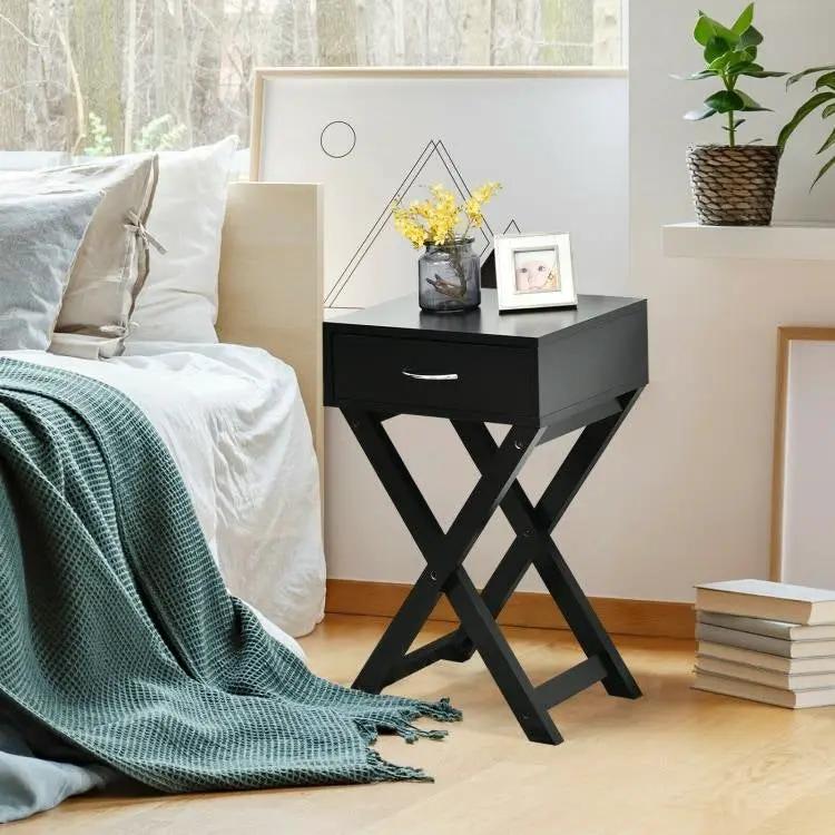 X-Shape 1 Drawer Nightstand End Side Table Storage in Black by HomePacific