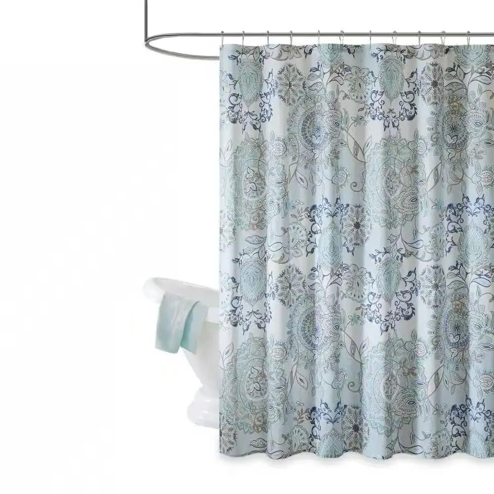 72-inch Cotton Shower Curtain with Blue Watercolor Paisley Floral Motif by HomePacific