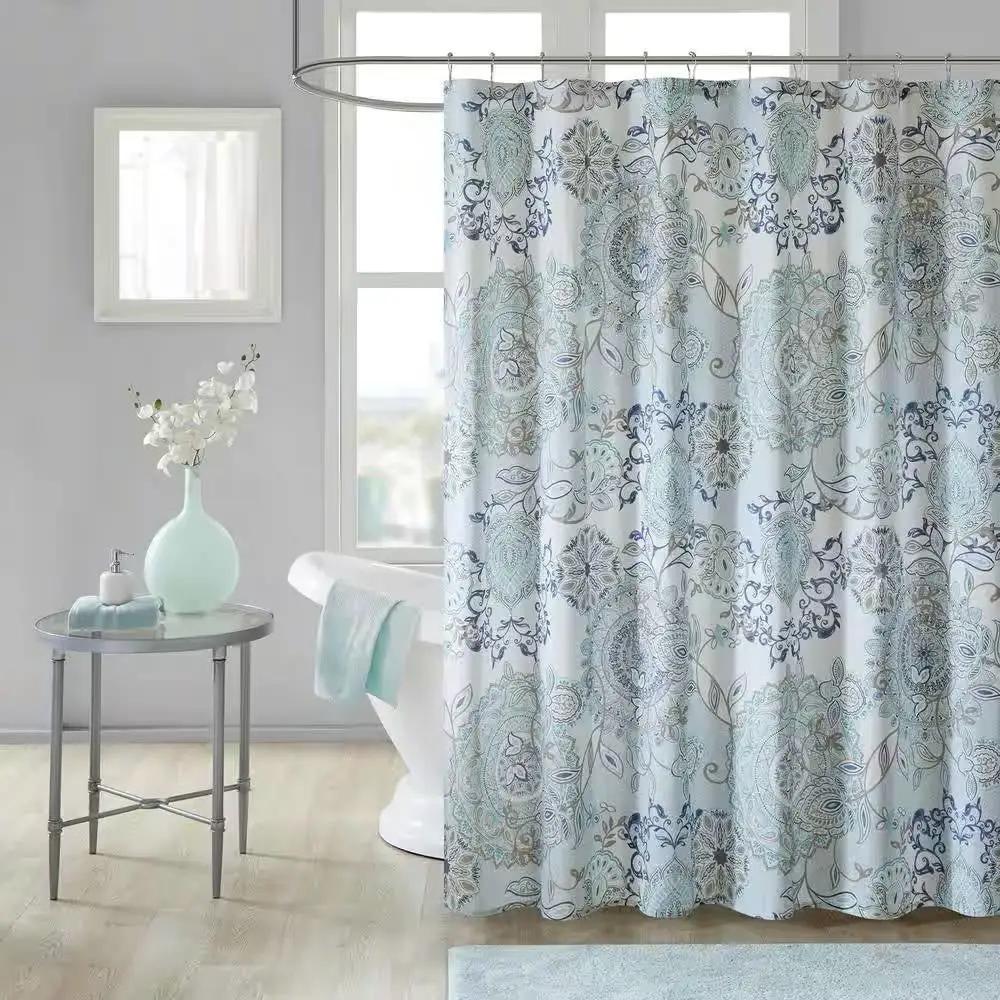 72-inch Cotton Shower Curtain with Blue Watercolor Paisley Floral Motif by HomePacific