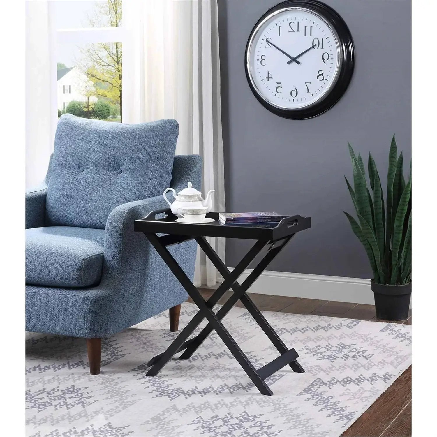 Folding TV Tray Bedside Table in Black Wood Finish by HomePacific