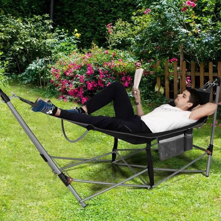 Black Portable Camping Foldable Hammock with Stand and Carry Case by HomePacific