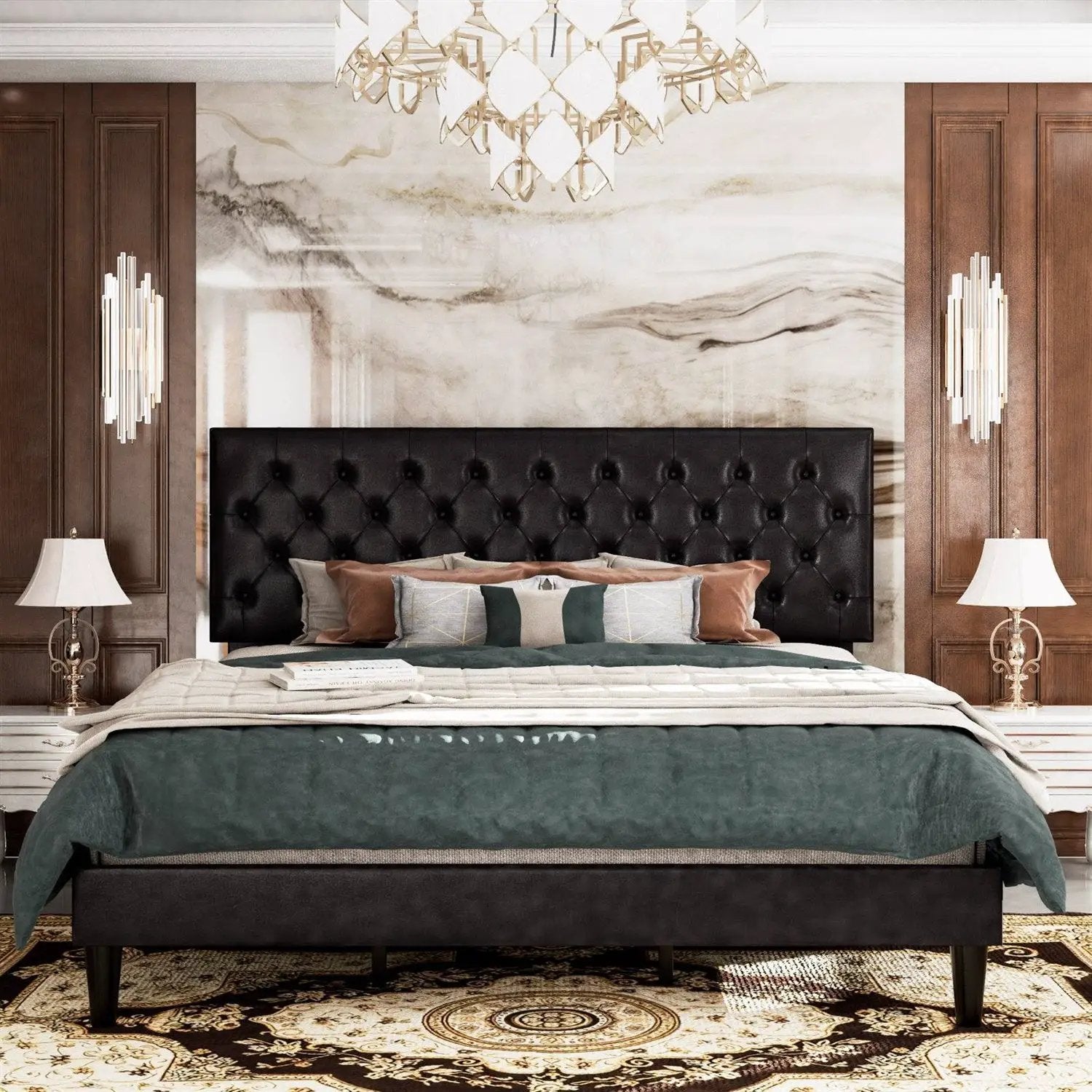 Full Black Faux Leather Upholstered Platform Bed with Button-Tufted Headboard by HomePacific