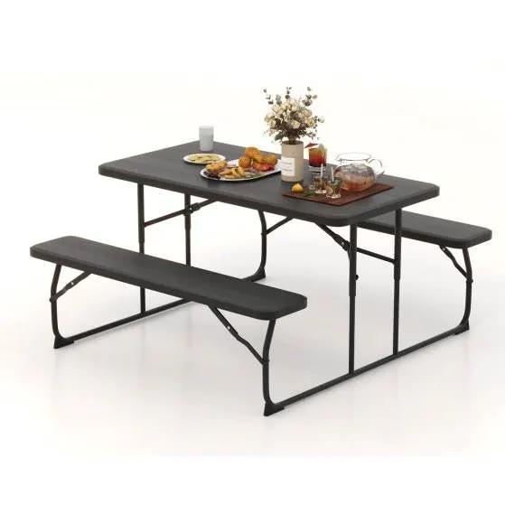 Folding Picnic Table with 2 Benches Outdoor Patio Dining Set in Black by HomePacific