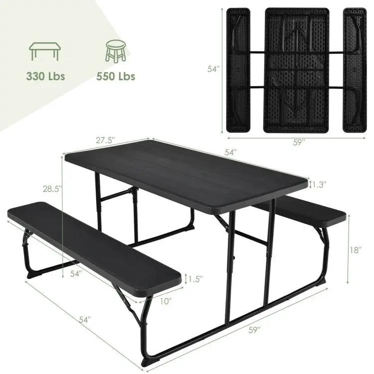 Folding Picnic Table with 2 Benches Outdoor Patio Dining Set in Black by HomePacific