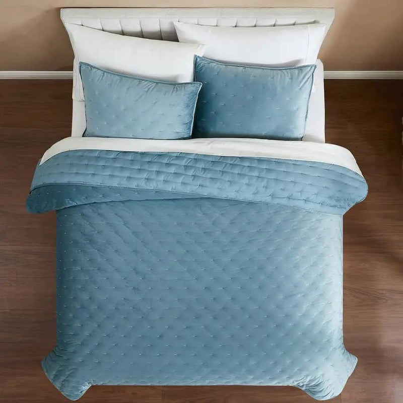 Full / Queen 3-Piece Blue Velvet Embroidered Lavishly Soft Quilt Set by HomePacific