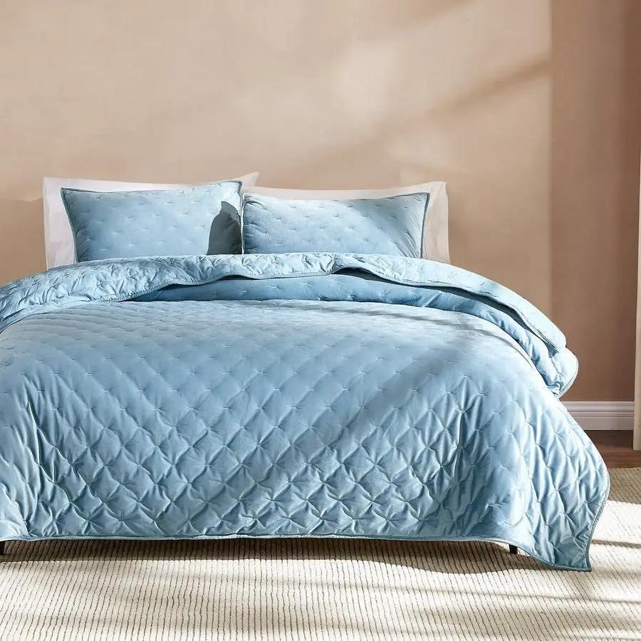 Full / Queen 3-Piece Blue Velvet Embroidered Lavishly Soft Quilt Set by HomePacific