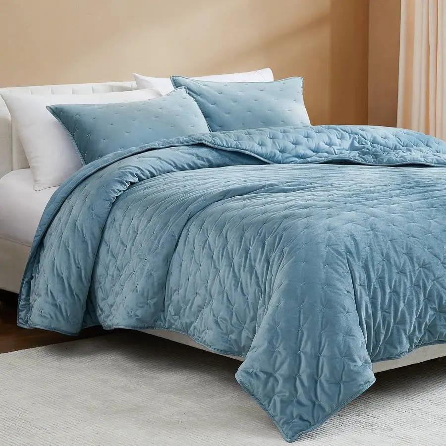 Full / Queen 3-Piece Blue Velvet Embroidered Lavishly Soft Quilt Set by HomePacific