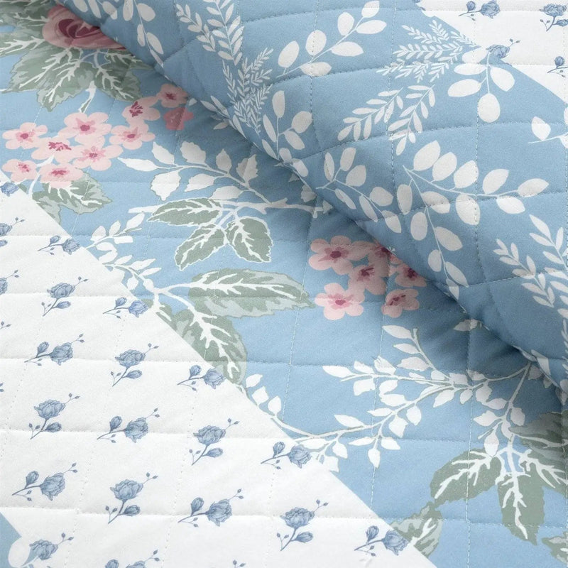 Full/Queen Blue Pink White Beige Floral Cottage Lightweight 3-Piece Quilt Set by HomePacific