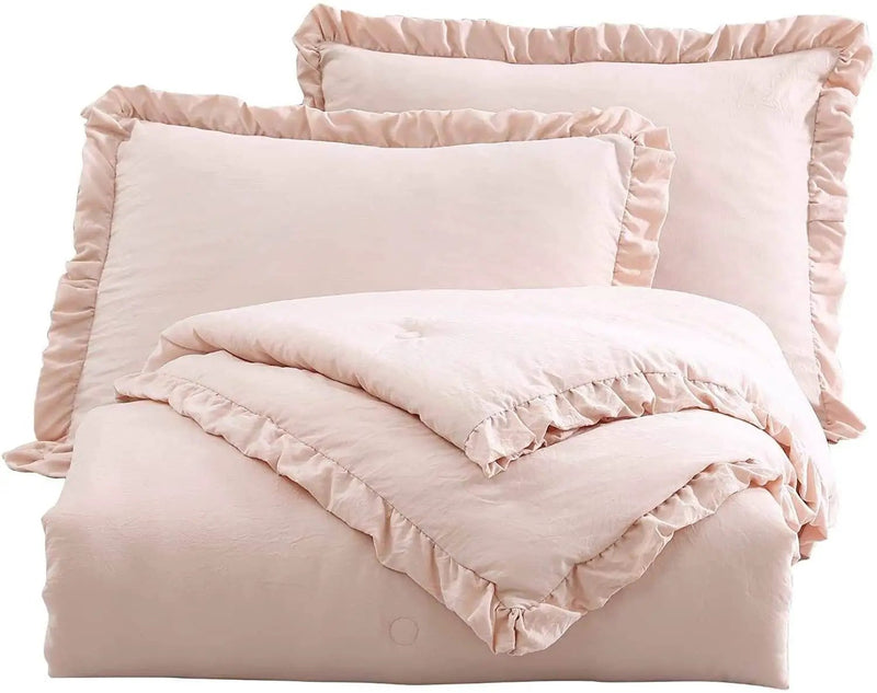 Full Size Pink Stone Washed Ruffled Edge Microfiber Comforter Set by HomePacific