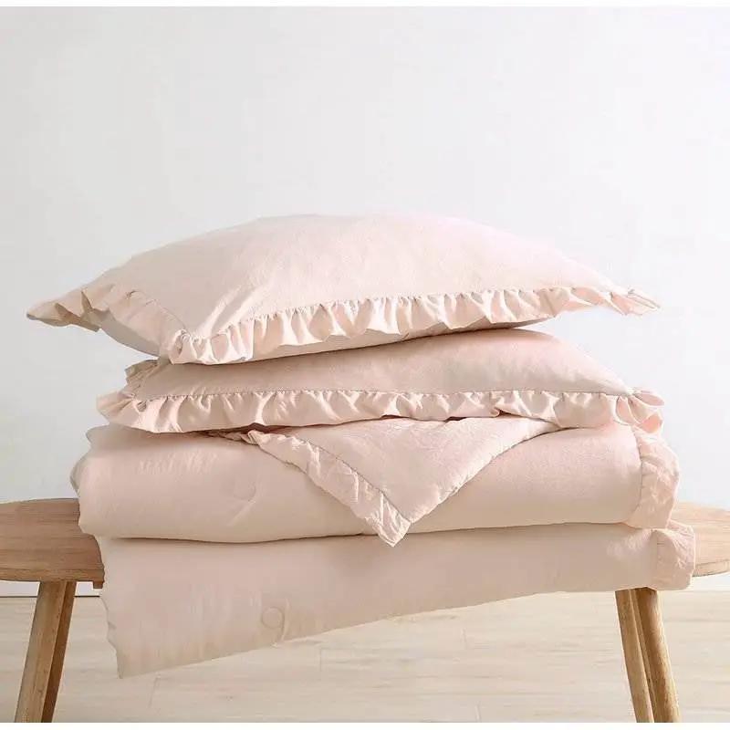 Full Size Pink Stone Washed Ruffled Edge Microfiber Comforter Set by HomePacific