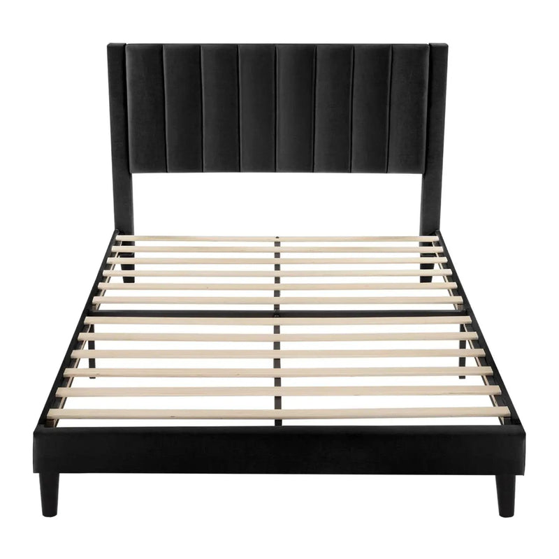Full size Modern Black Velvet Upholstered Platform Bed with Headboard by HomePacific
