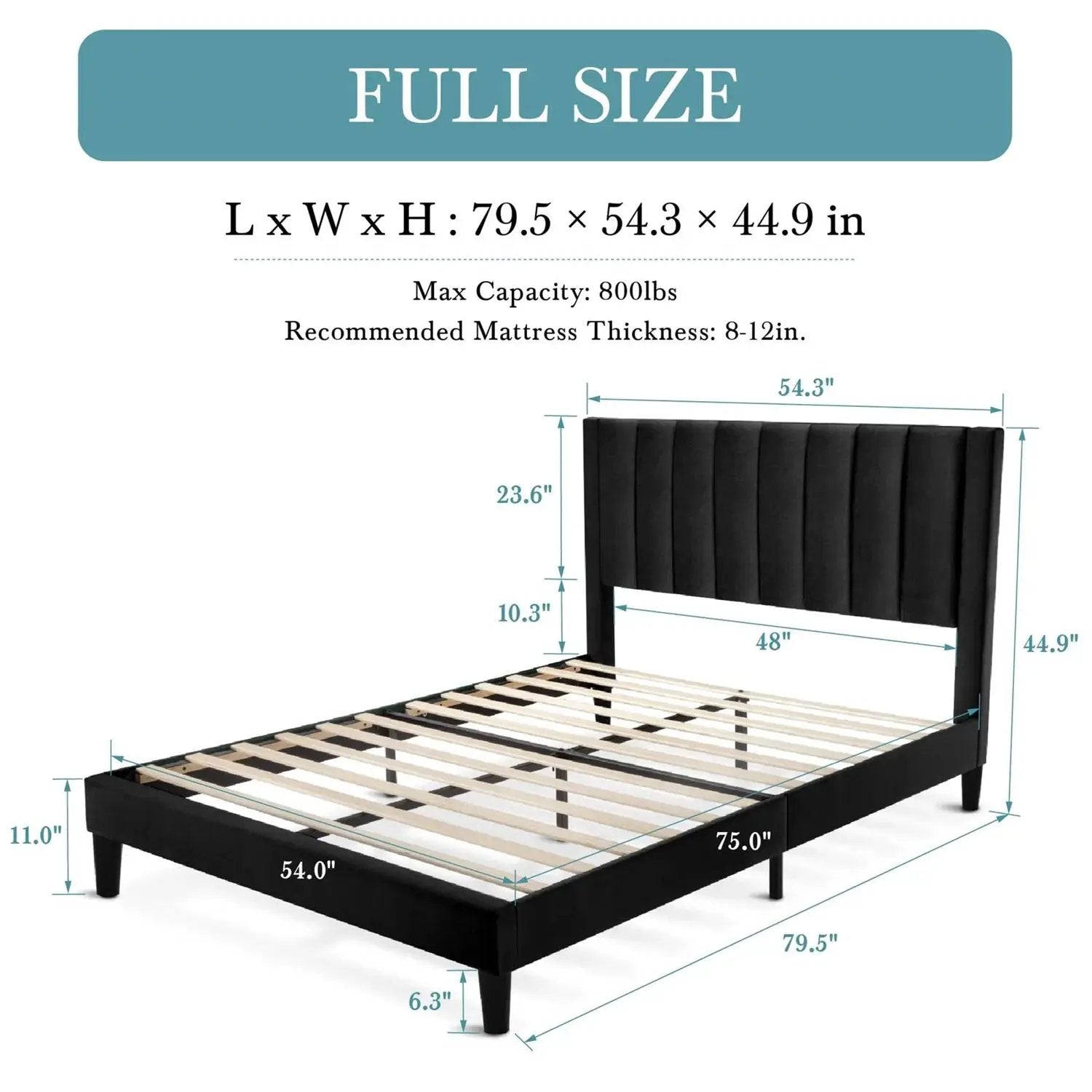 Full size Modern Black Velvet Upholstered Platform Bed with Headboard by HomePacific