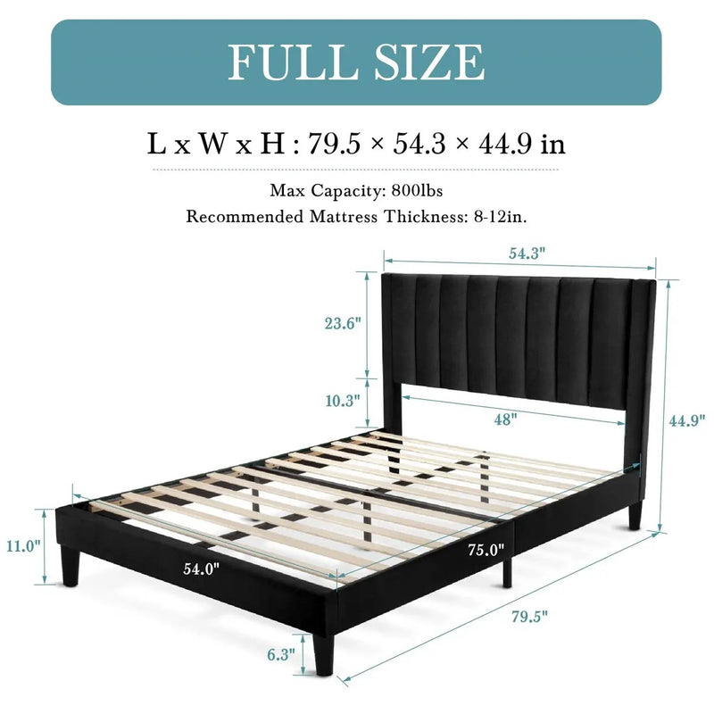 Full size Modern Black Velvet Upholstered Platform Bed with Headboard by HomePacific
