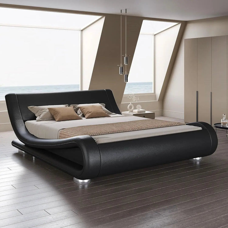 Full Modern Black Upholstered Platform Bed Frame with Sleigh Curved Headboard by HomePacific