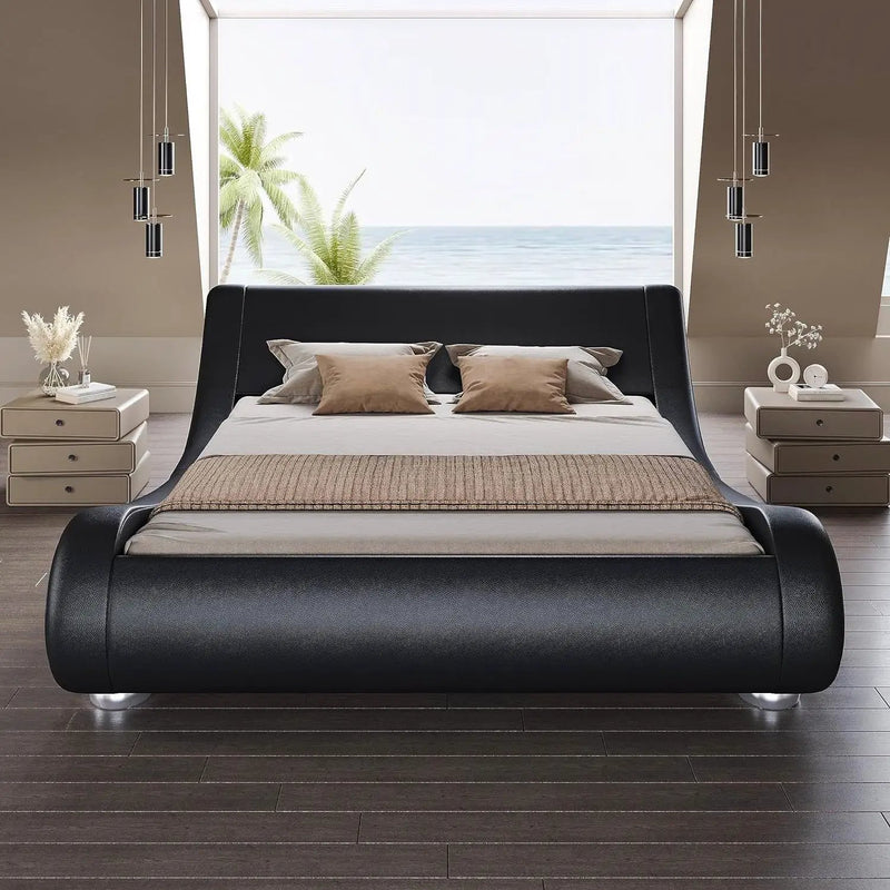 Full Modern Black Upholstered Platform Bed Frame with Sleigh Curved Headboard by HomePacific