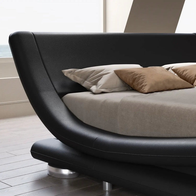 Full Modern Black Upholstered Platform Bed Frame with Sleigh Curved Headboard by HomePacific