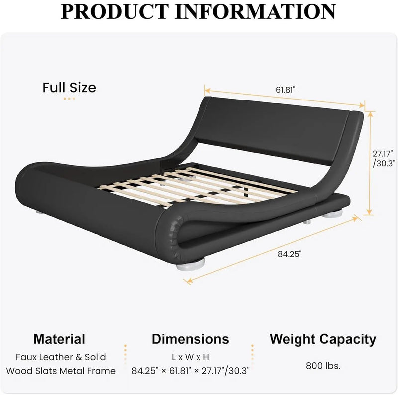 Full Modern Black Upholstered Platform Bed Frame with Sleigh Curved Headboard by HomePacific