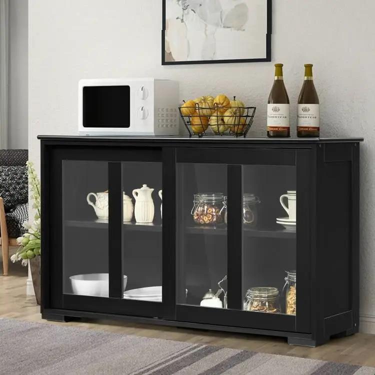 Black Wood Buffet Kitchen Dining Sideboard Storage Cabinet w/ Glass Sliding Door by HomePacific