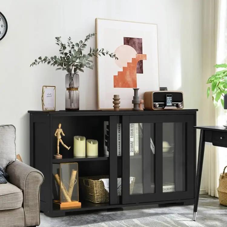 Black Wood Buffet Kitchen Dining Sideboard Storage Cabinet w/ Glass Sliding Door by HomePacific