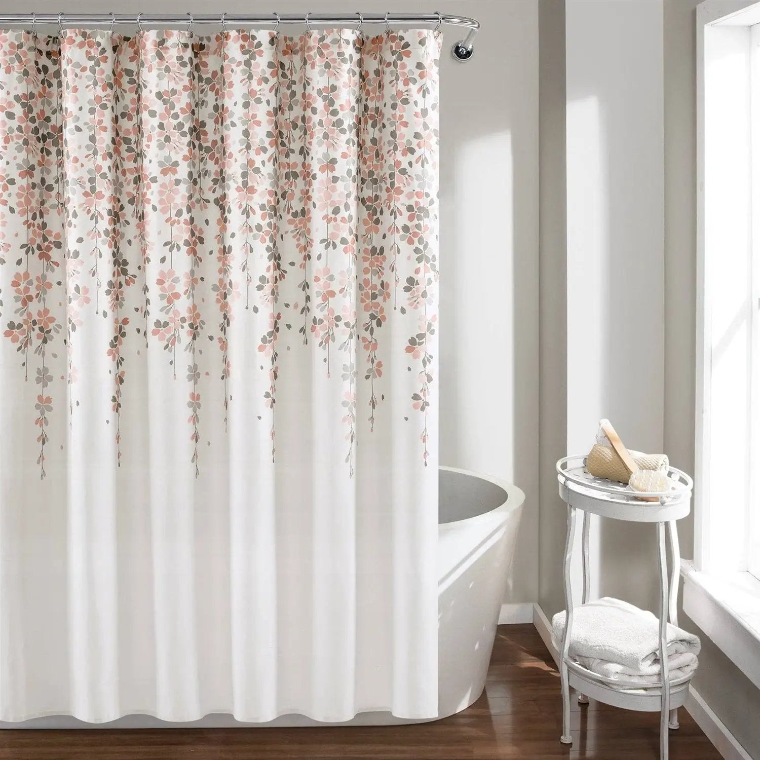 72-inch Off-White Beige Peach Pink Grey Floral Vines Flowers Shower Curtain by HomePacific