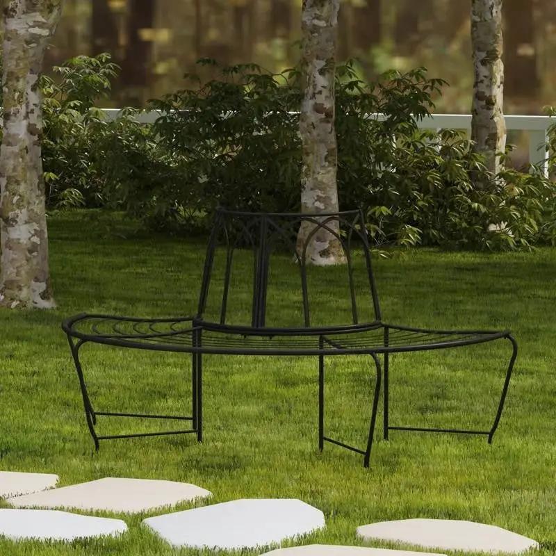 Half-Circle Outdoor Patio Garden Black Wrought Iron Tree Bench by HomePacific