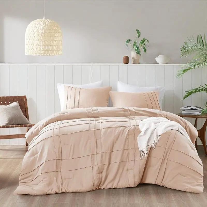 Queen size Microfiber Pleated Soft Washed Comforter Set in Pink Blush by HomePacific