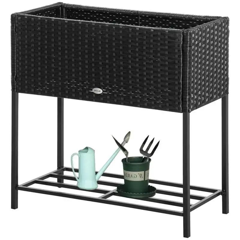 Black Modern PE Rattan Wicker Raised Garden Bed Elevated Planter Box by HomePacific