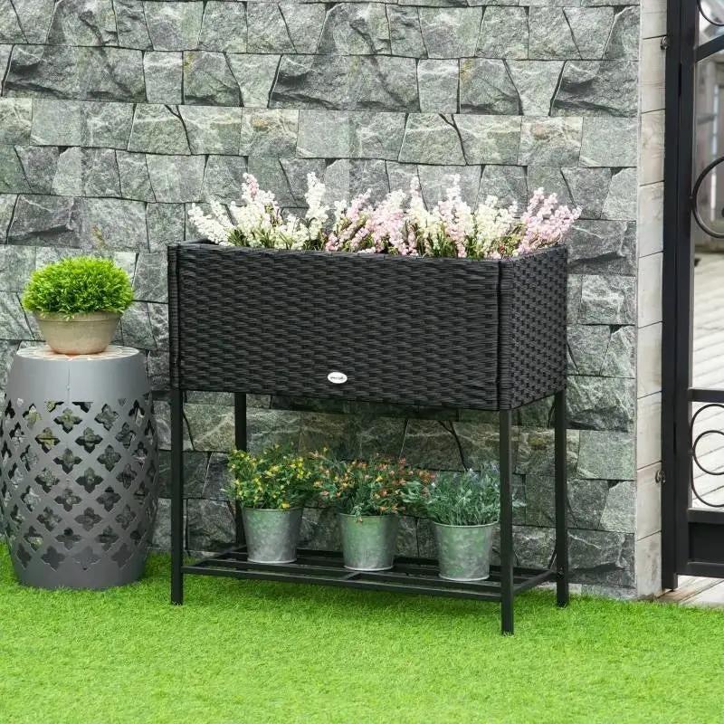Black Modern PE Rattan Wicker Raised Garden Bed Elevated Planter Box by HomePacific