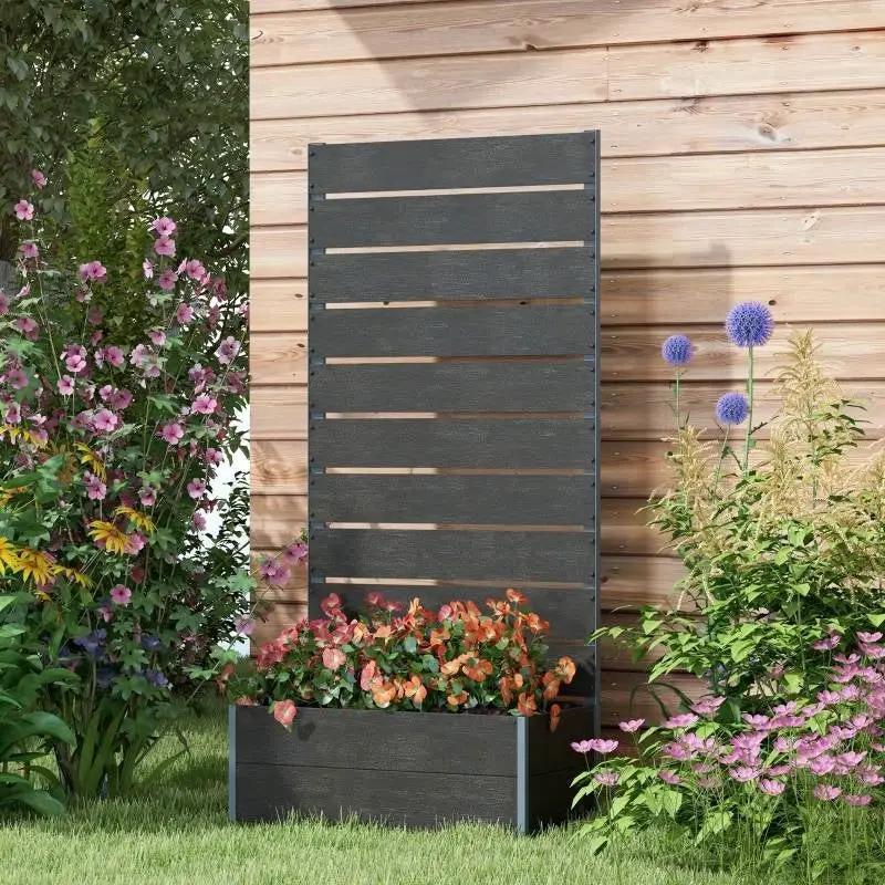 Outdoor Raised Bed Planter with Slatted Fence Trellis in Black Wood Finish by HomePacific
