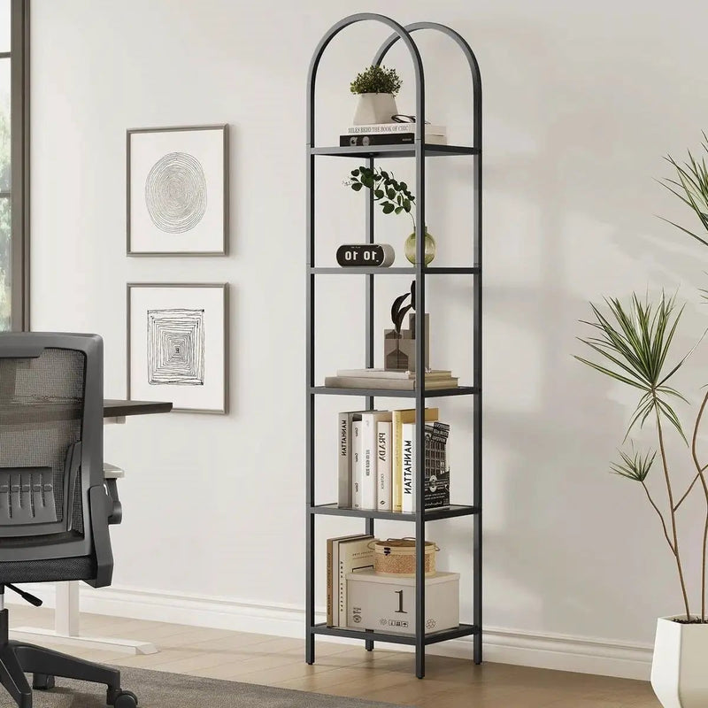 Arched Top Black Metal Display Rack Narrow Bookcase with 5 Glass Storage Shelves by HomePacific