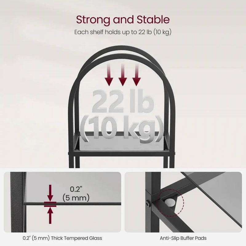 Arched Top Black Metal Display Rack Narrow Bookcase with 5 Glass Storage Shelves by HomePacific