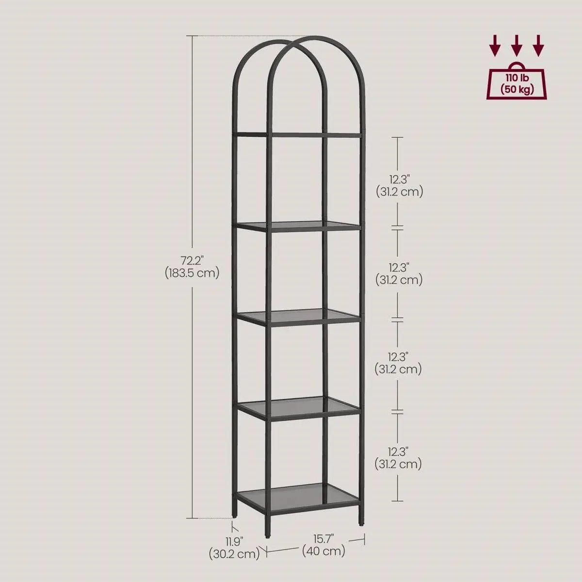 Arched Top Black Metal Display Rack Narrow Bookcase with 5 Glass Storage Shelves by HomePacific