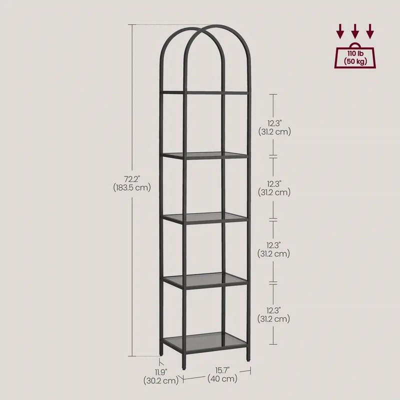 Arched Top Black Metal Display Rack Narrow Bookcase with 5 Glass Storage Shelves by HomePacific