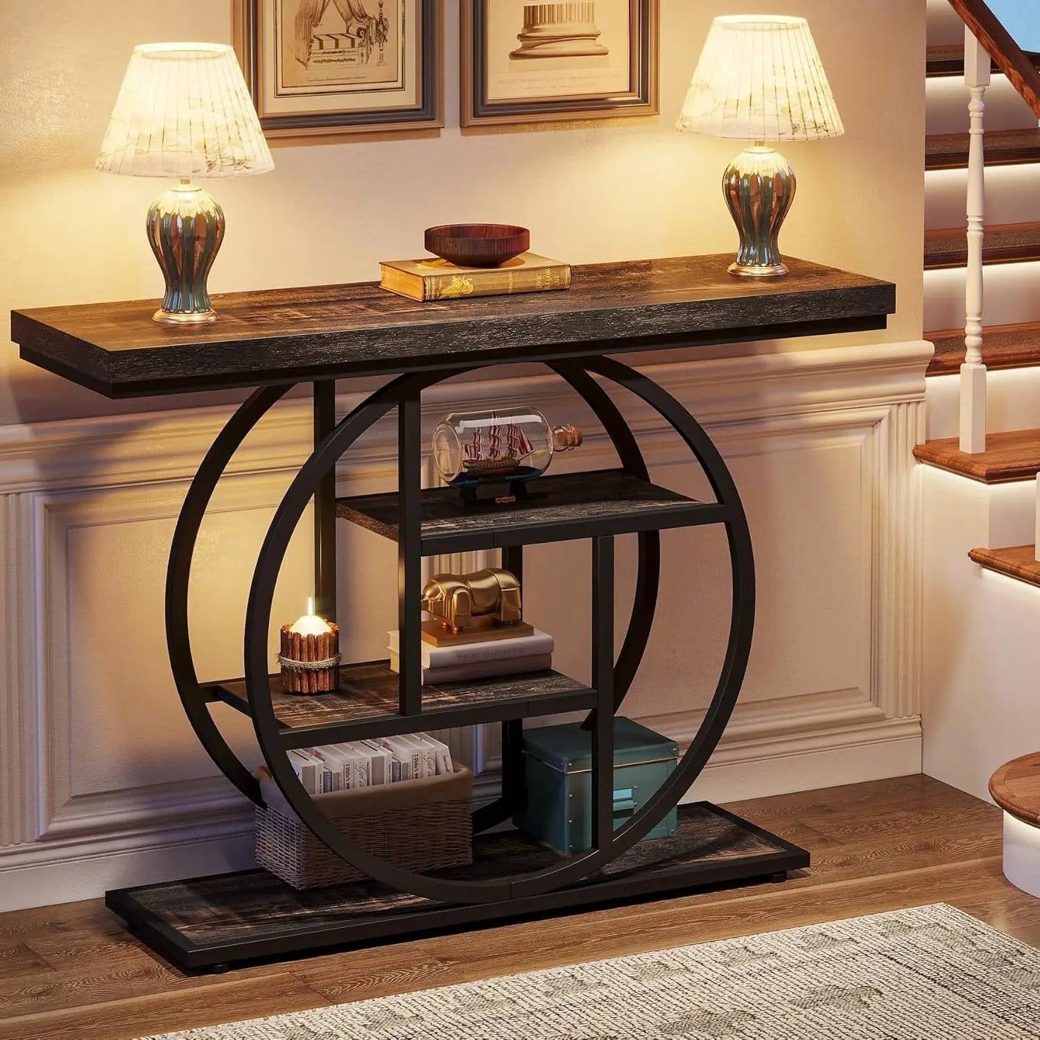 Modern 41-inch Circular Base Foyer Entryway Table with Black Wood Finish Shelves by HomePacific