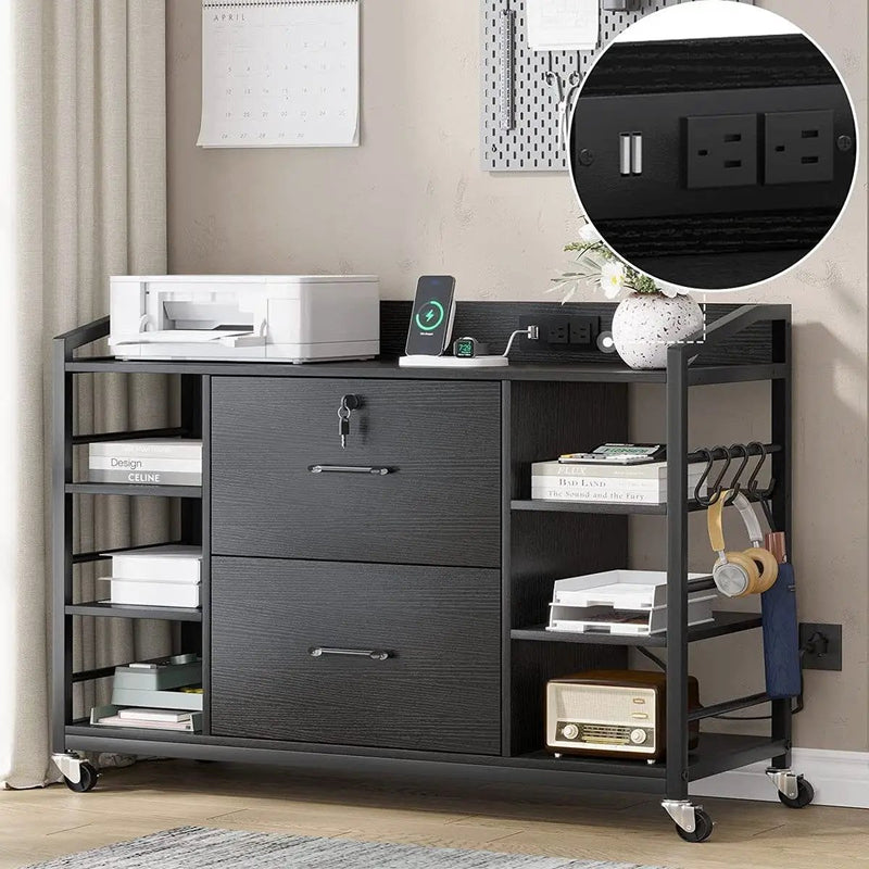 Black Printer Stand Bookcase Power Station Mobile Office File Cabinet by HomePacific
