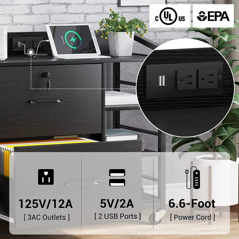 Black Printer Stand Bookcase Power Station Mobile Office File Cabinet by HomePacific