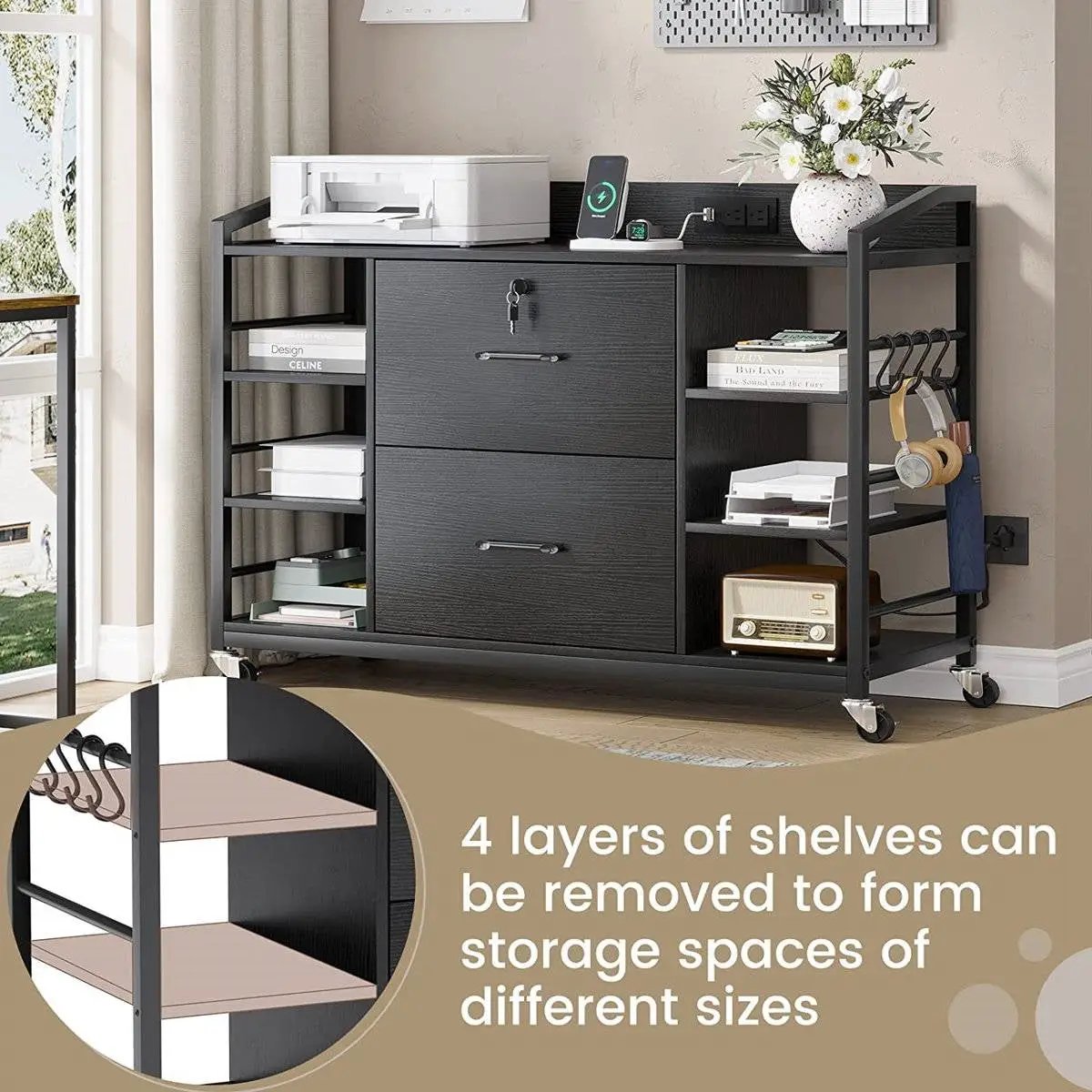 Black Printer Stand Bookcase Power Station Mobile Office File Cabinet by HomePacific