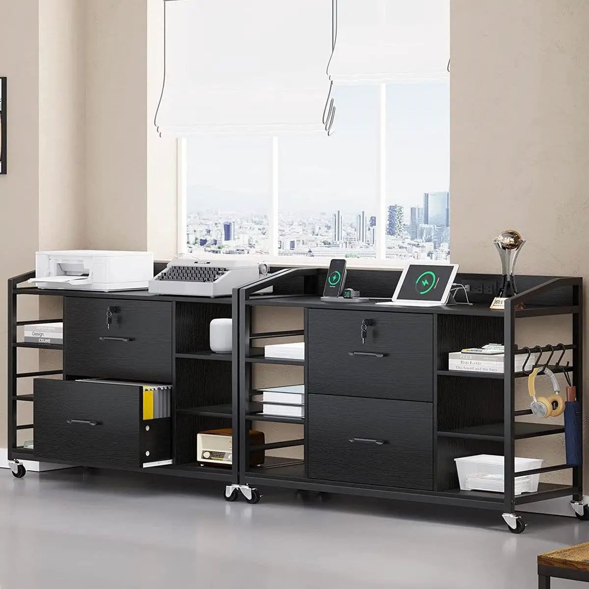 Black Printer Stand Bookcase Power Station Mobile Office File Cabinet by HomePacific