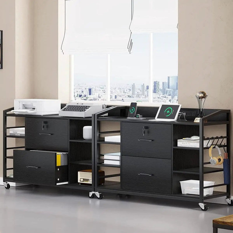 Black Printer Stand Bookcase Power Station Mobile Office File Cabinet by HomePacific