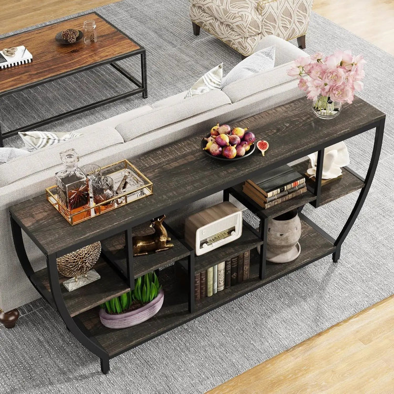 Modern Industrial 70-inch Long Narrow Console Sofa Table with Black Wood Shelves by HomePacific
