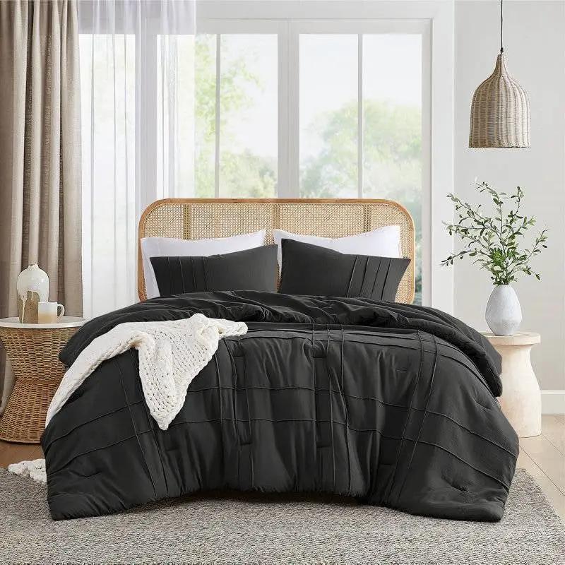 Full/Queen size Pre-Washed Pleated Microfiber Comforter Set in Black by HomePacific