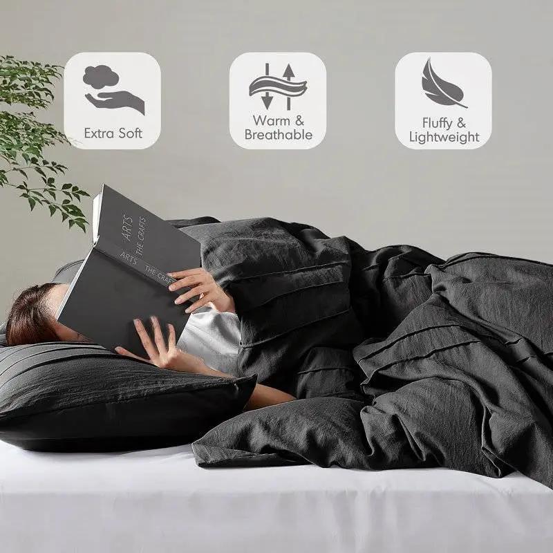 Full/Queen size Pre-Washed Pleated Microfiber Comforter Set in Black by HomePacific
